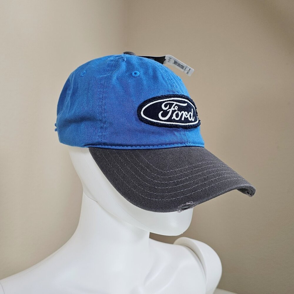 Ford Licensed Oval Logo Distressed Adjustable Hat Cap , Blue & Gray, One Size